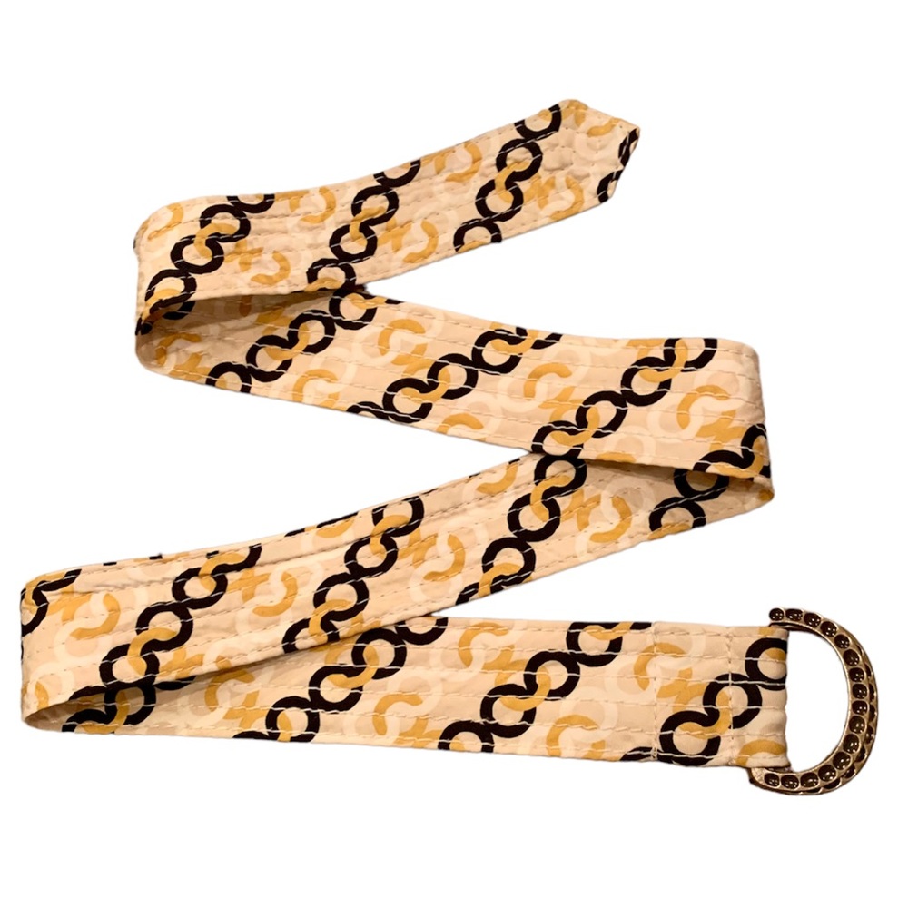 J. Crew Beige and Black Chain-Print Fabric Belt with Gold Ring